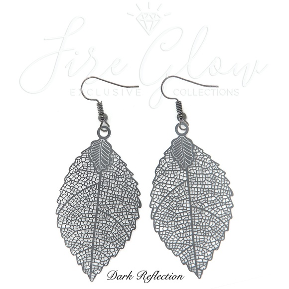 Boho Chic Polished Gunmetal Filigree Leaf Earrings - Picture 8 of 8